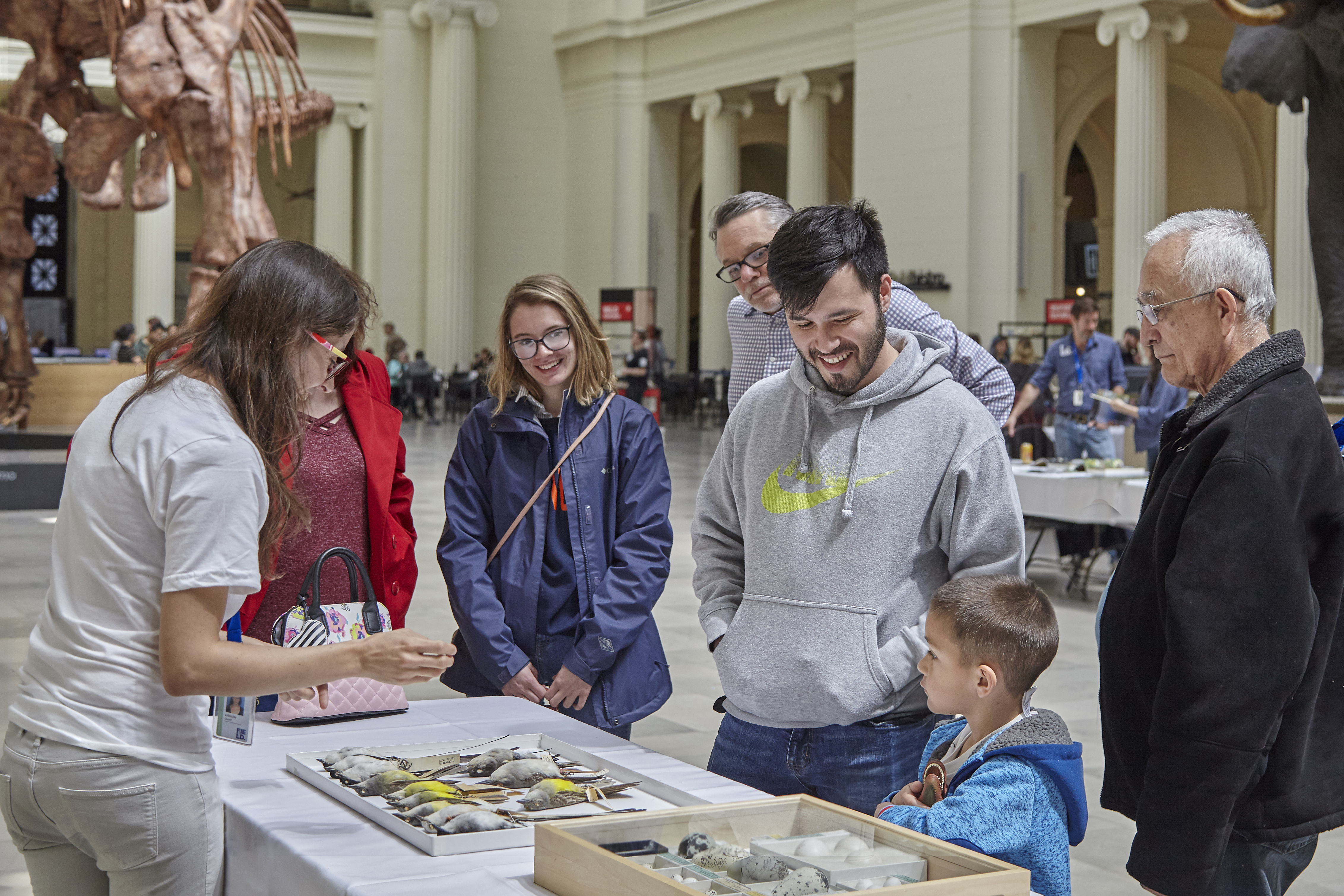 A museum staff member present specimens to visitors in the museum's main hall.