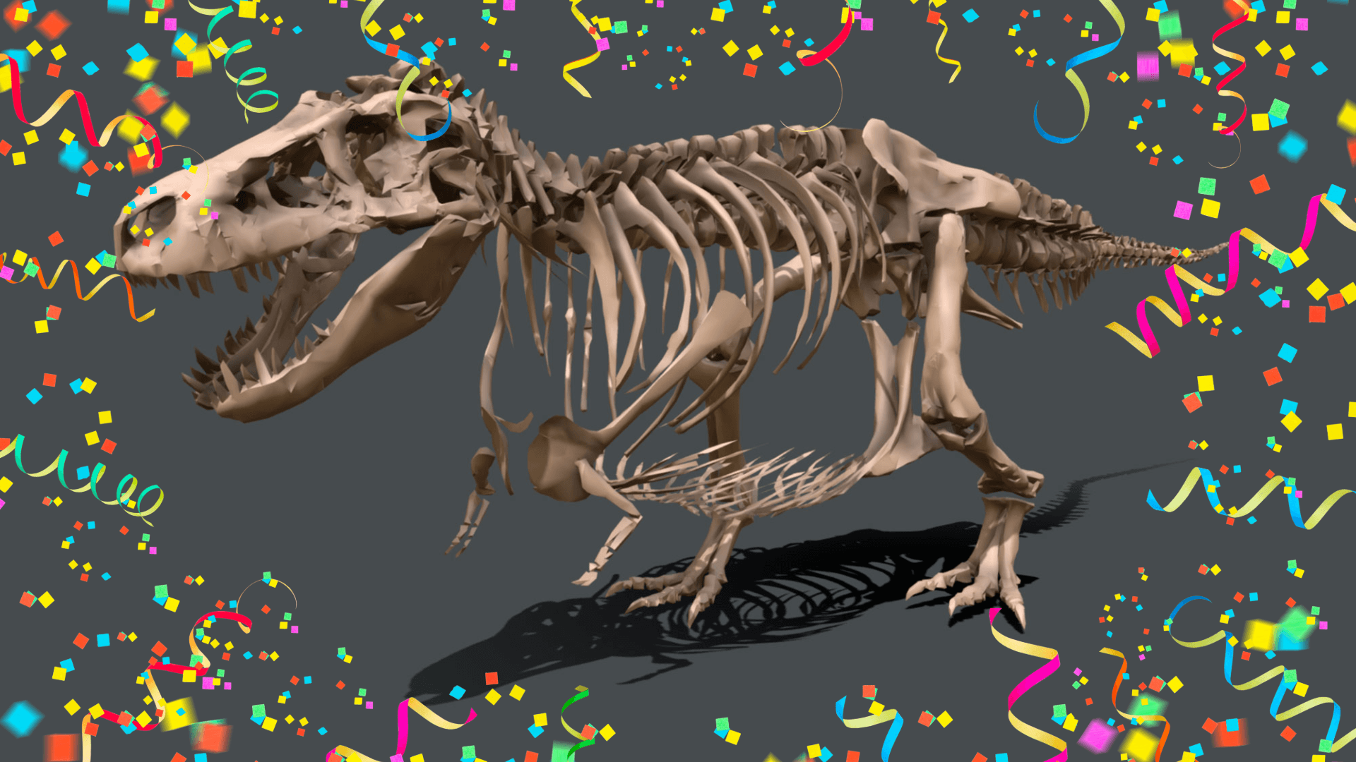 SUE skeleton cut out with party streamers and confettie graphic overlay
