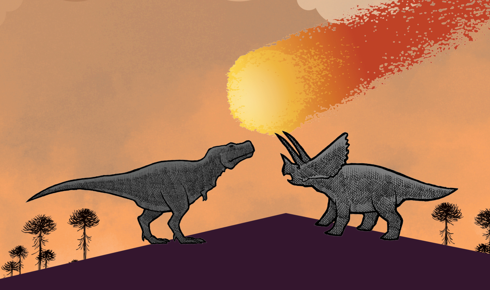 A rendering of an asteroid falling to earth as two dinosaurs look on.